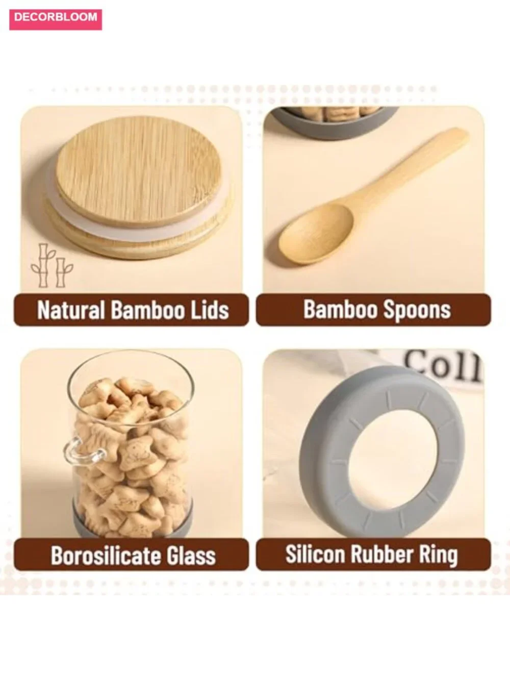 Glass Jars with Bamboo Lids and Spoons Set of 6, 19 Oz Airtight Storage for Tea